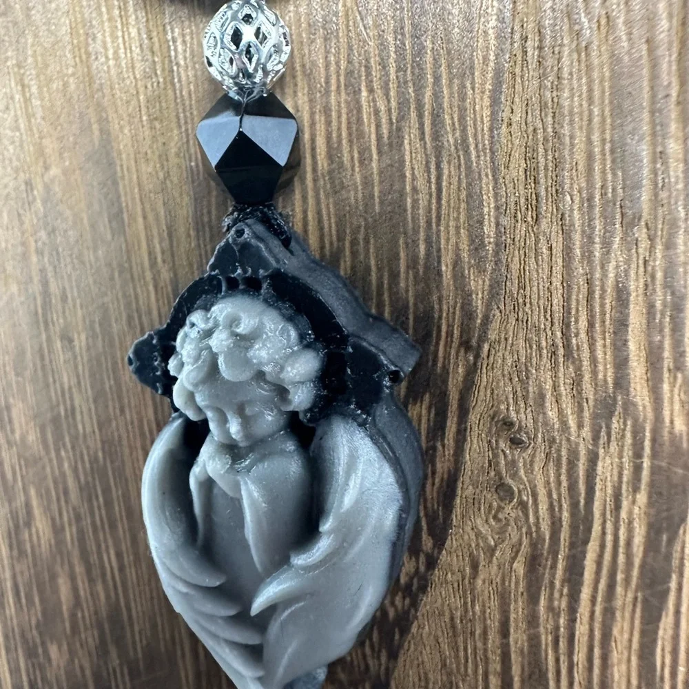 Tai Chi Stone Angel Pendant Necklace on Black Rope